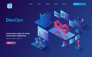 Fototapete - DevOps concept 3d isometric web landing page. People working in team, programmers interact with tech support engineers, development operation. Vector illustration for web template design