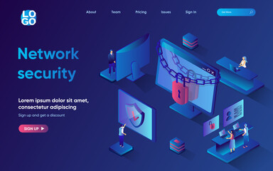 Fototapete - Network security concept 3d isometric web landing page. People use secure access to accounts, server protection system and data protection on Internet. Vector illustration for web template design