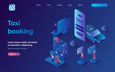 Leinwandbilder - Taxi booking concept 3d isometric web landing page. People use taxi service in mobile app for ordering and booking car, choosing transport, online tracking. Vector illustration for web template design