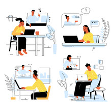 Distance Learning Concept Set In Flat Line Design. Men And Women Students Study Remotely Using Laptops, Watch Video Lectures And Webinars At Home. Vector Illustration With Outline Colorful Web Scenes