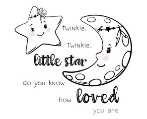 Wall Mural - Twinkle little star. Moon and stars boho children's print for t-shirt or baby bodysuit