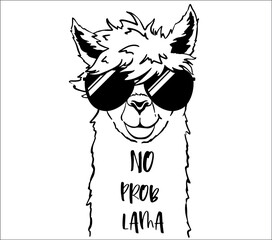 Wall Mural - Cute llama face with sunglasses children's t-shirt print. No probllama funny quote.