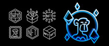 NFT Gallery Line Icon Set. Bright Neon Icons Of Non Fungible Token. Apes NFT Pictogram Collection.