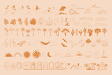 Fototapeta Boho - Collection of Summer Boho linear symbols, icons design. Sun, sea waves, palm. surfer, sea animals, moon, landscape. Editable Vector Illustration.
