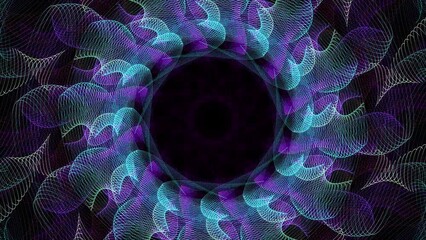 Wall Mural - mandala style kaleidoscopic pattern of particles appears and rotates on black background then fades 