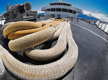 Large And Thick Cables, Ropes On A Deck Of Passenger Ferry. 