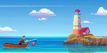 Senior Fisherman In A Boat Takes Out A Caught Fish From The Water Near A Lighthouse On A Rocky Island. Vector Illustration.