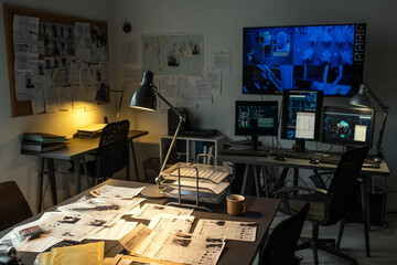 Aufkleber - Interior of contemporary federal bureau of investigations with workplace of agents and security camera on computers and large screen