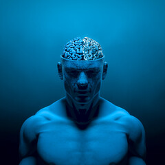 Wall Mural - artificial thoughts - 3d illustration of dark blue robotic male figure with metallic brain
