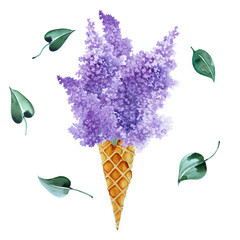 Wall Mural - Bouquet of lilac flowers in waffle cone and green leaves isolated on white background. Hand drawn watercolor.