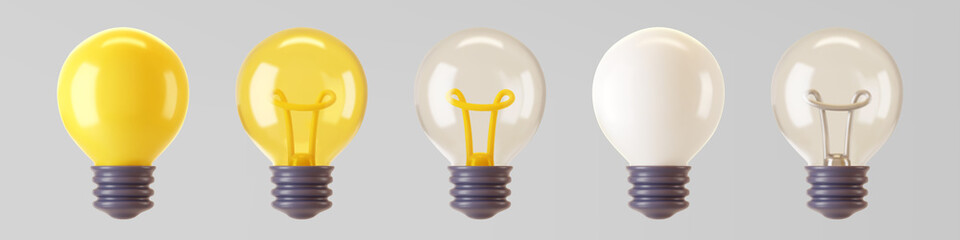 3d light bulb icon set isolated on gray background. Render cartoon style minimal yellow, white, transparent glass light bulb. Creativity idea, business success, strategy concept. 3d realistic vector.