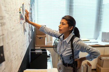 Poster - Young serious FBI agent in uniform looking at map with pinned photos of criminals in office while thinking of ideas of their location