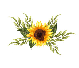 Wall Mural - Watercolor floral wreath with sunflowers, leaves, foliage, branches, fern leaves, and place for your text. Autumn’s sunflowers bouquet.