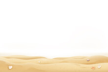 Summer Beach Sand And Seashells On White Background With Copy Space
