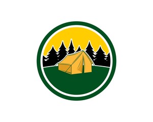 Sticker - Circle shape with tent camp in the pine forest inside