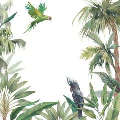 Wall Mural - Watercolor jungle greenery frame. Hand drawn greeting card design with exotic leaves and greenery and cockatoo on white background. Palm tree, banana leaves