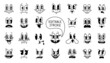 Retro 30s cartoon mascot characters funny faces. 50s, 60s old animation eyes and mouths elements. Vintage comic smile for logo vector set