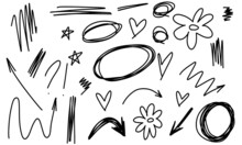Doodle Frame Arrows Flower Stars Hearts Question. Sketch Set Cute Scribble Isolated Line Collection.