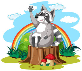 Poster - Cute raccoon waving hand in garden