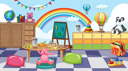 Wall Mural - Empty kindergarten classroom interior with many kid toys