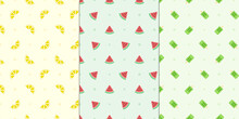 Simple And Fun Summer Pattern Seamless Design. Lemon Slices Pattern, Watermelon Slices Pattern, And Ice Cream Pattern. Can Be Used For The Background Pattern.