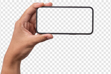 Hand Holding The Black Smartphone Iphone With Blank Screen And Modern Frameless Design, Hold Mobile Phone On Transparent Background Ideal For Marketing, App Design, UI And UX - Include Clipping Path.