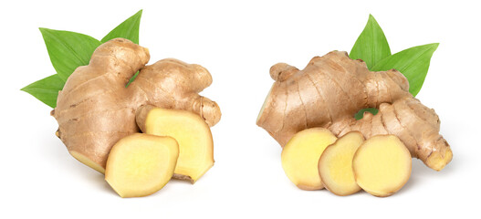 Canvas Print - Close up, Fresh ginger rhizome with sliced and green leaves isolated on white background, old ginger