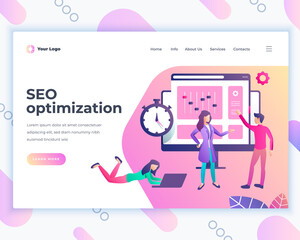 Wall Mural - landing page template seo optimization concept with office people. modern flat design web page desig