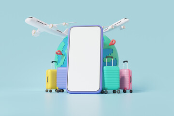 Minimal cartoon. travel online booking service on mobile.Tourism plane trip planning world tour with pin location suitcase of search, leisure touring holiday summer concept. 3d render illustration