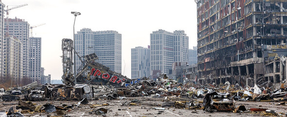 war in ukraine. damaged shopping center in kyiv