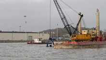 Industrial Barge Doing Maintenance Dredging In Gothenburg, Work For The New Hisingsbron Bridge