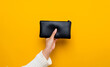 Hands of beautiful girl. Woman with money. Stylish. Handbag or small purse on yellow studio background with copy space.