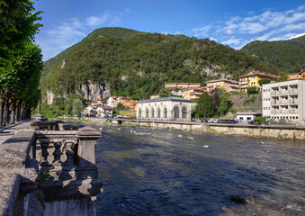 Wall Mural - Picturesque town on a mountain river in the mountains of Italy San Pelegrino