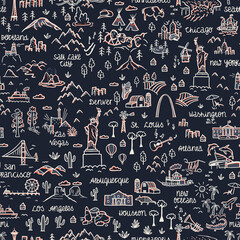 Lovely hand drawn usa seamless pattern with landmarks, national parks, cities and landscapes - great for textiles, wrapping, banners, wallpapers - vector design