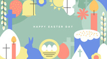 Easter Card Postcard Egg Cross Rabbit Basket