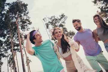 Sticker - Photo of four people meeting gathering two couple enjoy weekend walk wear casual outfit nature seaside beach