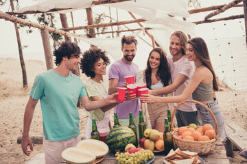 Sticker - Photo of cheerful best buddies have fun enjoy vacation countryside drink alcohol snack weekend outdoors