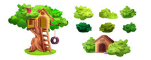 Set Of Tree House, Green Garden Bushes And Doghouse Isolated Cartoon Elements. Treehouse With Wooden Ladder, Kite And Tire Swing For Playing Kids. Place For Games And Children Activities In Summer.