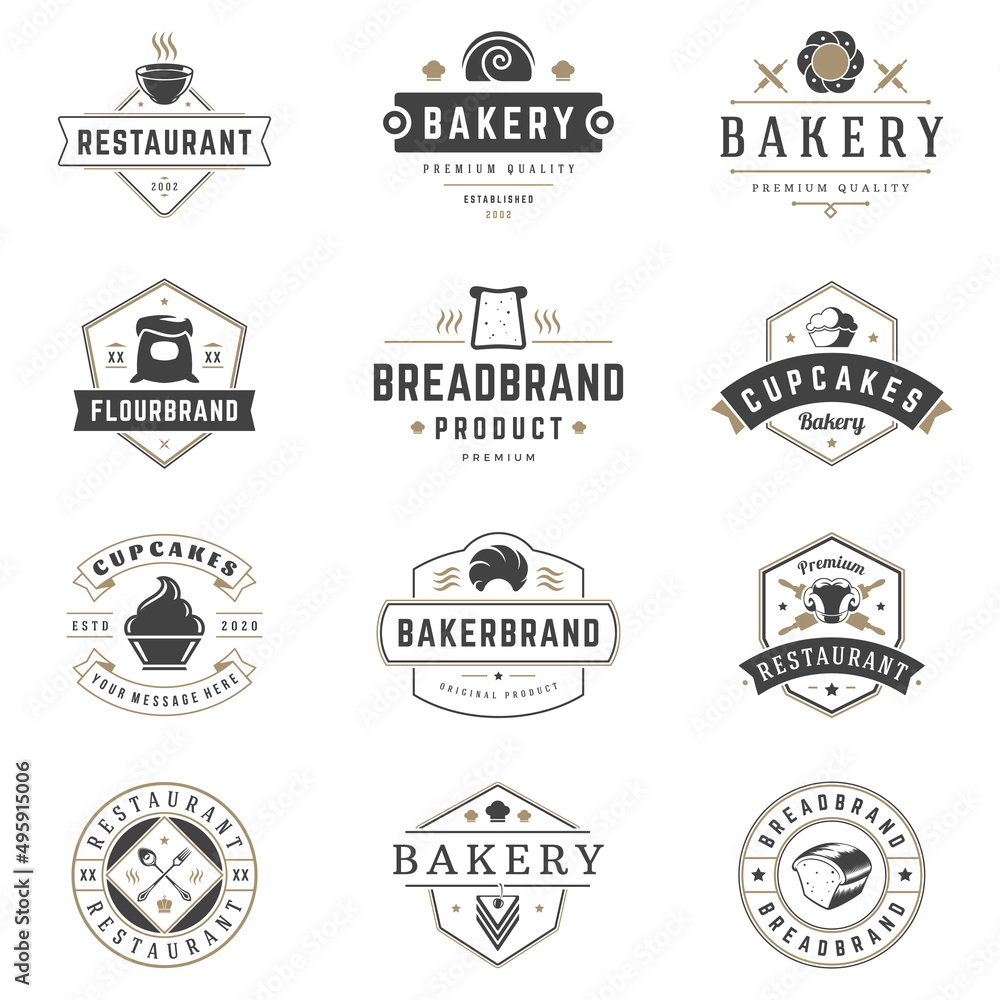 Bakery shop labels and badges design templates set vector, pastry food ...