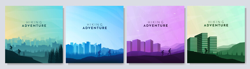 Wall Mural - vector illustration. travel concept of discovering, exploring and observing nature. hiking on park b