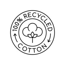 100% Recycled Cotton Logo. Fabric Made From Reusable Materials. Renewable Material Label Or Stamp. Recycling Cotton Circle Badge. Sustainable Textile Industry Sign. Vector Illustration, Flat, Clip Art