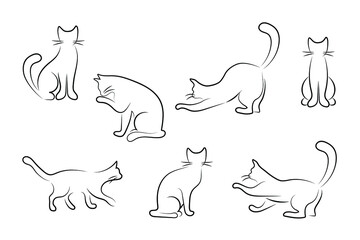 set of seven cats black outline