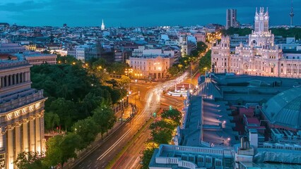 Wall Mural - Madrid day to night timelapse panorama aerial view of Madrid Post Palacio comunicaciones, Spain