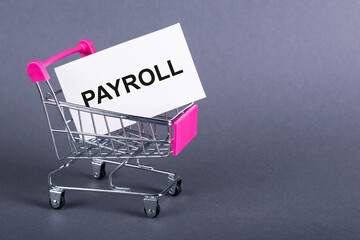 On a dark violet background is a shopping trolley with a the word PAYROLL printed on a white card. Business concept.