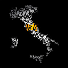 Wall Mural - List of cities in Italy, map silhouette word cloud, travel concept background