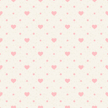 Retro Seamless Pattern. Pink Hearts And Dots On Beige Background
