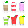 Set of realistic smoothies in glasses, Chocolate, Strawberry, blueberry, kiwi, watermelon, mango, fresh drinks, Juice for fitness and healthy lifestyle, vector
