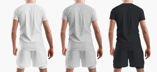 Set of men's t-shirt and sports shorts mockups with compression undershorts. White, black and heather gray sportswear. back view