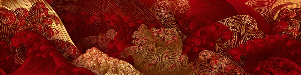Line art design of waves, mountain, modern hand-drawn vector background, gold ink pattern. Minimalist Asian style.	