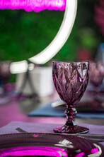 Empty Glass On The Table Waiting For Guests, Bright Background, Space For Text